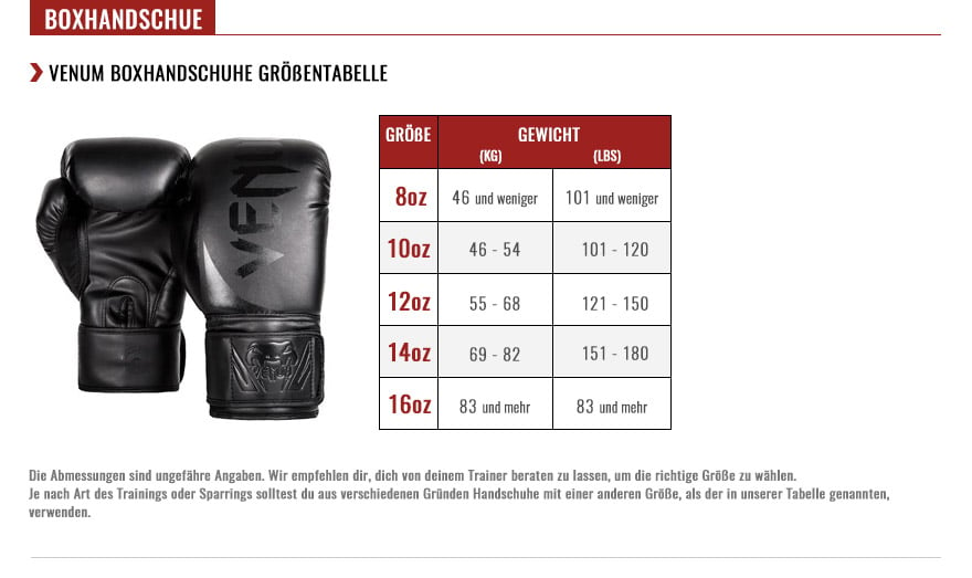 venum boxing gloves size chart