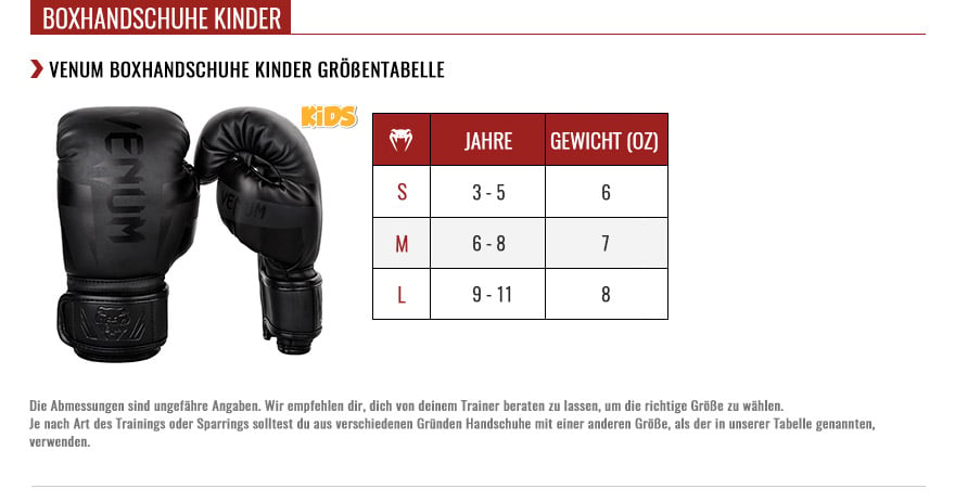 venum kids boxing gloves size chart