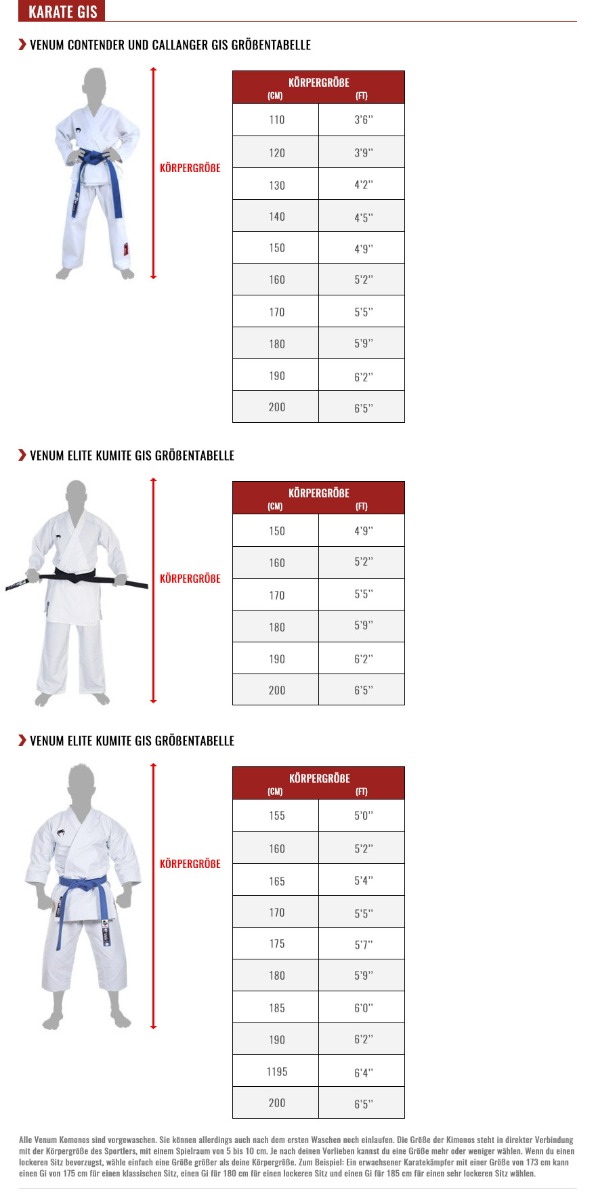 venum karate gis size chart
