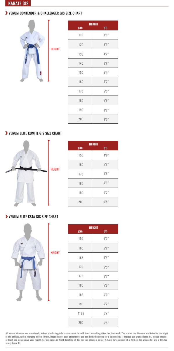 venum karate gis size chart