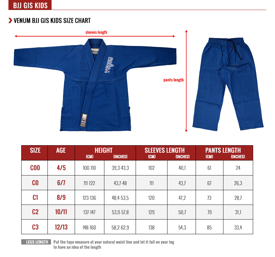 venum kids kimonos size chart